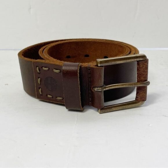 Timberland Mens Brown Leather Belt Brass Buckle 40MM Width Rugged Size 34 - Picture 4 of 6
